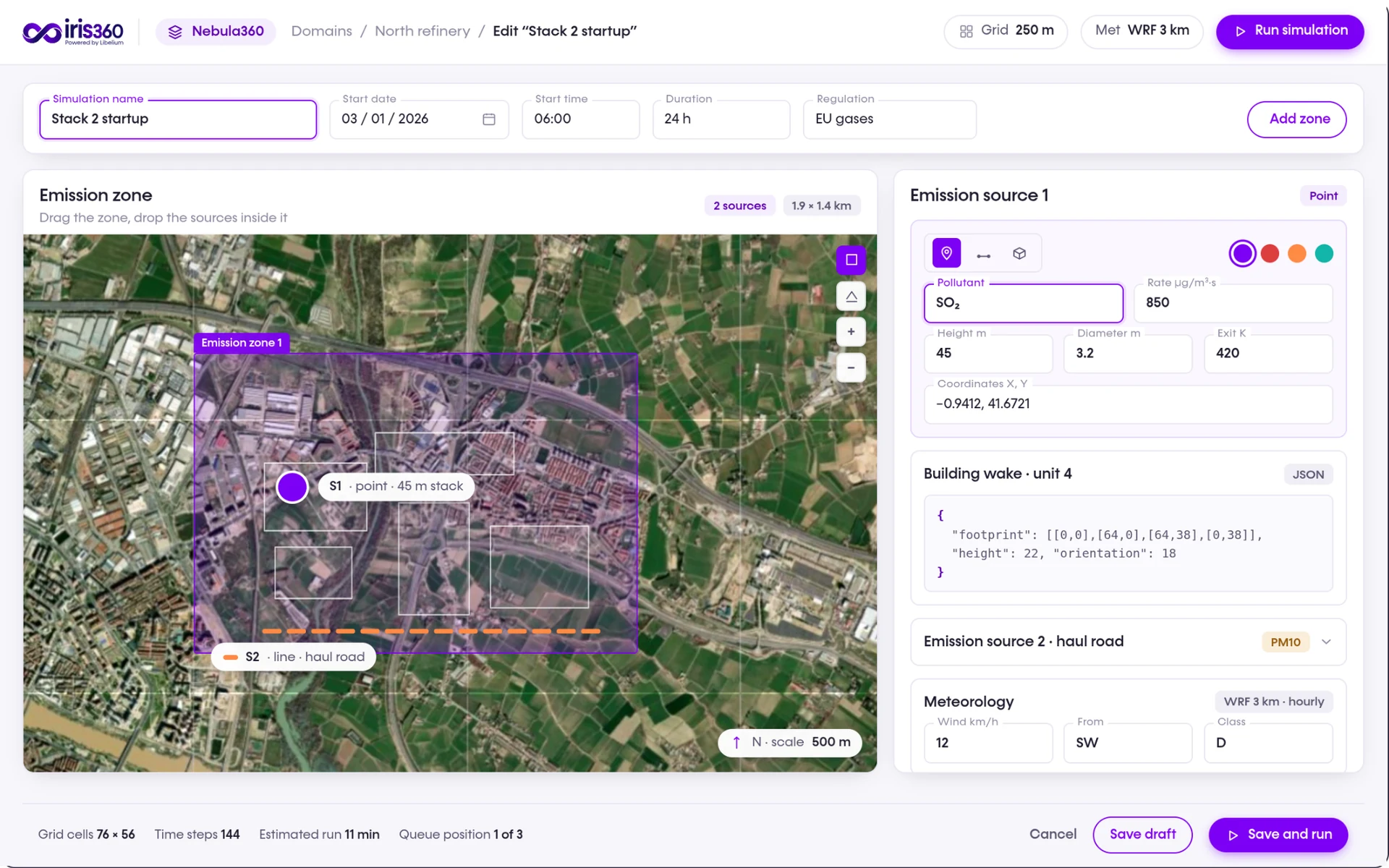 iris360 scenario builder with emission sources, area and meteorology