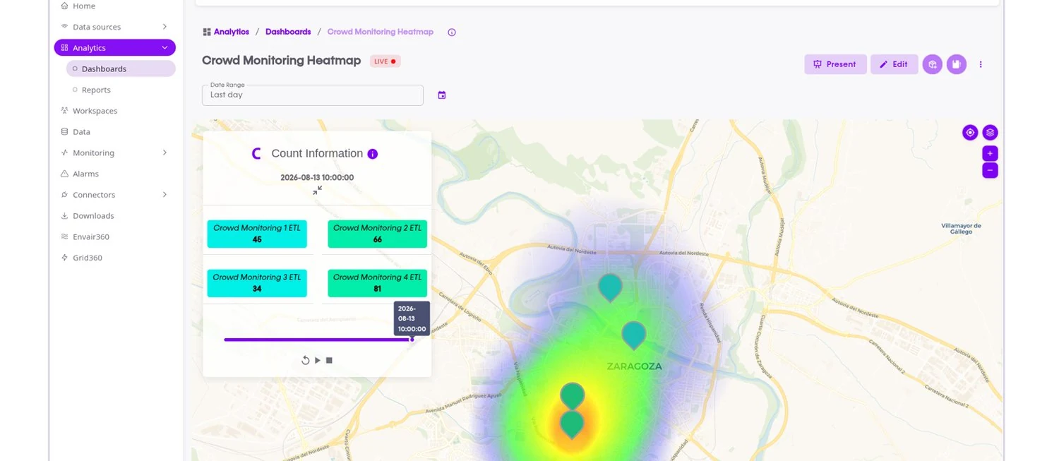heatmap de iris360 Crowd Monitoring en un mapa